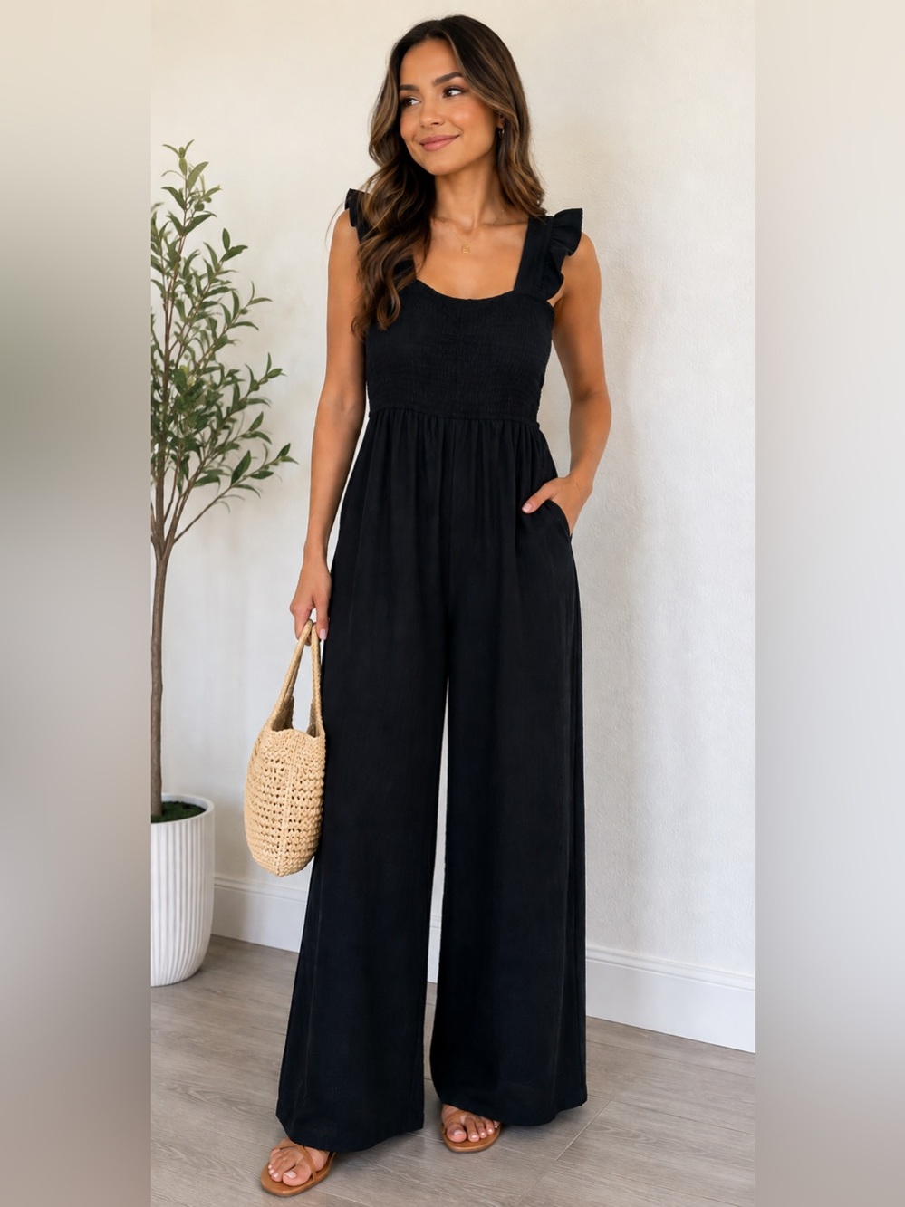 Black Smocked Wide Leg Jumpsuit XL Flutter Sleeve Ruffle Boho